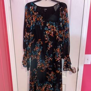 BLACK FLORAL DRESS WITH SHEER SLEEVES AND SLIP